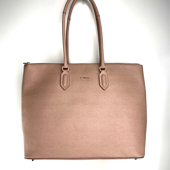 Furla Leather Tote Bag Pink Zip Up Saffino Leather Bottom Studs